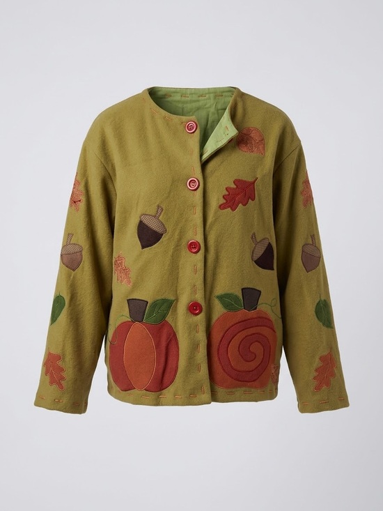 Unbranded Jackets & Blazers - VTG 90s Y2K Autumn Pumpkin Leaf Applique Fleece Jacket Mustard Cardigan L Lined